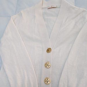 Tory Burch Fine Merino Wool Cardigan Ivory with Gold Buttons
